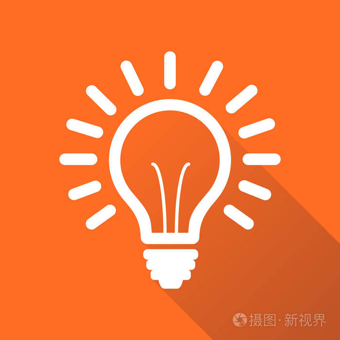 灯泡线图标矢量,孤立的橙色背景与长长的阴影.