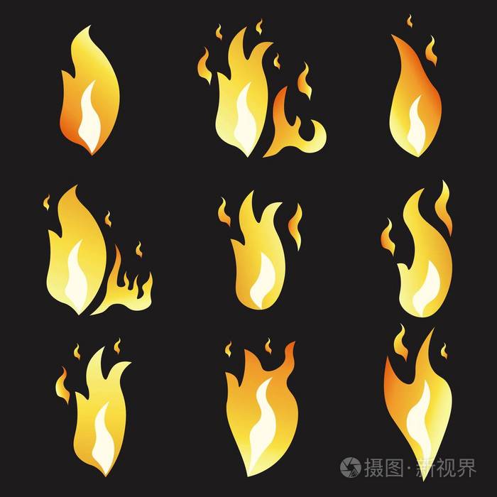 设置动画火和插图的各种.卡通平面样式.爆炸的帧.矢量.黑色背景