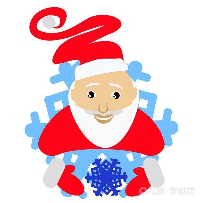 圣诞老人在有趣的帽雪花图标的形式。雪在手中。在白色的背景。新闻 汗衫 t 恤 织物 卡片 设计。矢量图