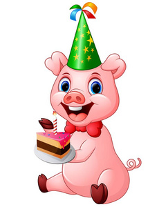 猪蛋糕快乐的猪卡通举行生日蛋糕照片