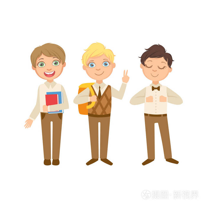 男孩在棕色衣服快乐中小学在类似集合的校服站和微笑的卡通人物