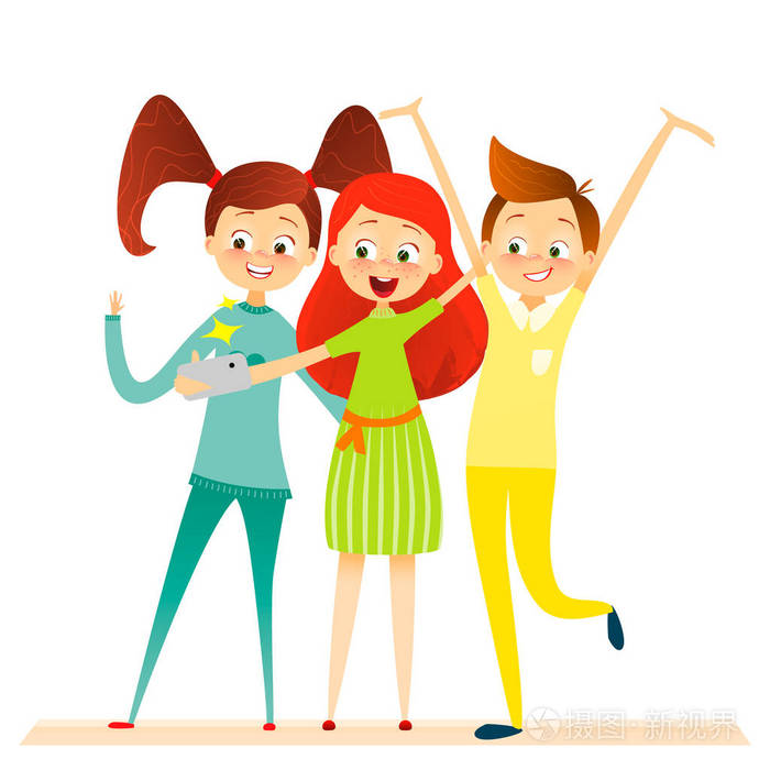 卡通儿童人物.孩子们笑了,使自拍照.