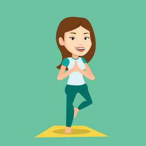 年轻女子练习瑜伽树式插画