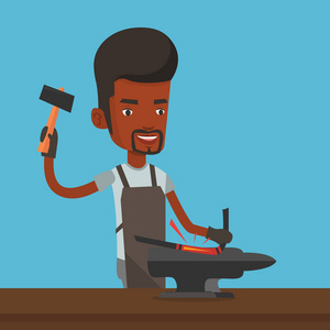 铁匠在铁砧上锤工作金属插画