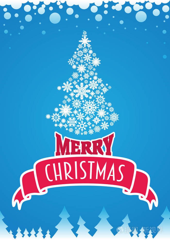 圣诞贺卡与树做的雪花.在蓝色背景上的矢量图插画-正版商用图片1rfb7t