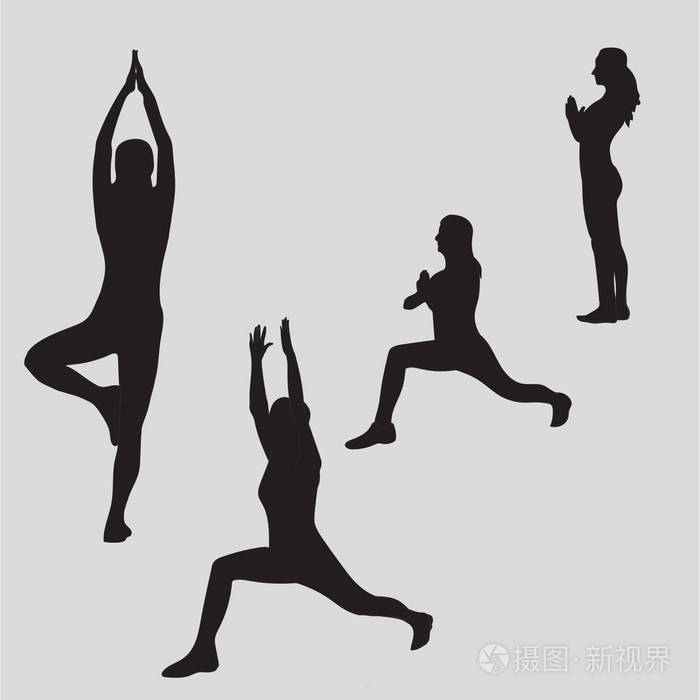 女人在不同的瑜伽姿势打坐.瑜伽女人剪影.禅,冥想, 和平.