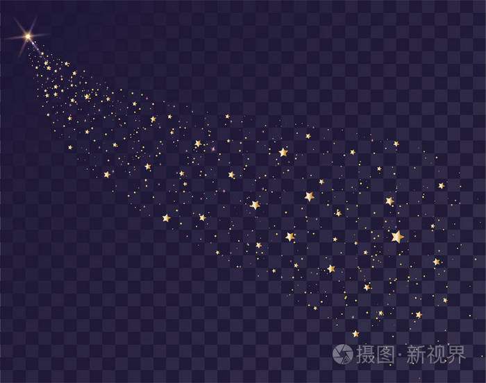 黄金的星星闪闪发光的踪迹的圣诞老人雪橇。在黑暗的天空中的透明背景上的彗星尾巴