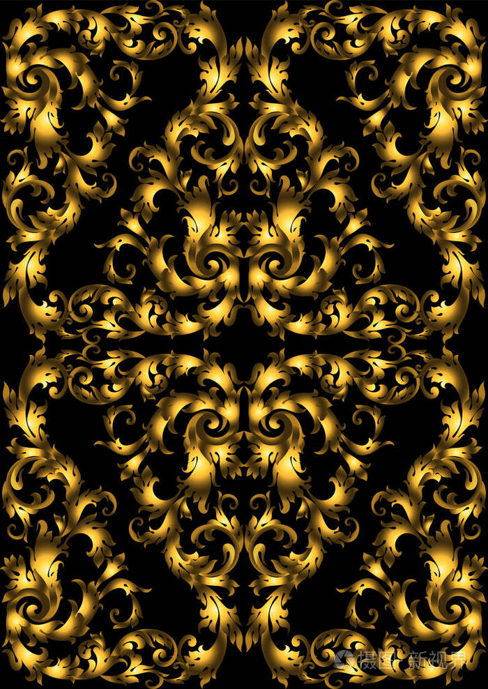 与很多详细的内容在黑色背景上的金色复古无缝模式