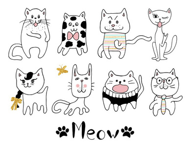 有趣的手绘猫.动物矢量图与可爱的小猫照片