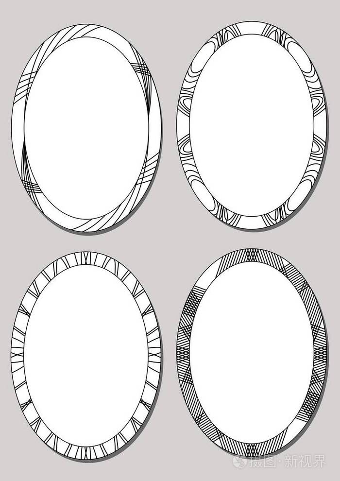 组的椭圆形相框在黑色和白色的设计与单线模式的空边界孤立的元素