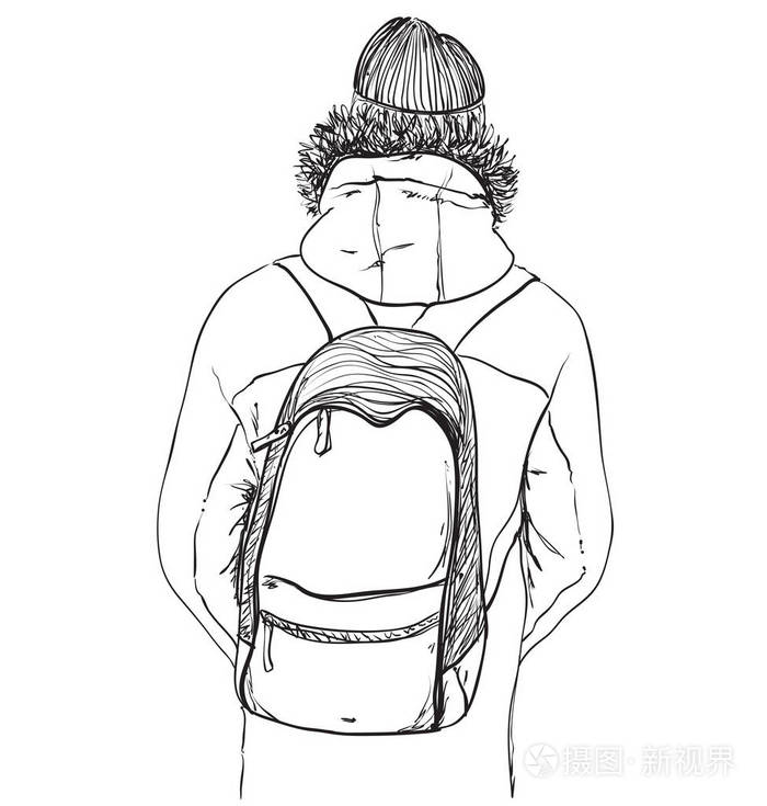 草绘的人在冬天的衣服和背包.时尚插画