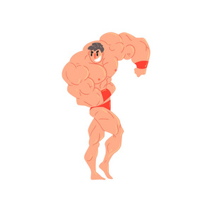 类固醇竞争红内裤和碟机健美搞笑微笑字符作为强人例程展示肌肉注射了