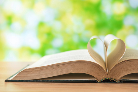 打开书与绿树景背景