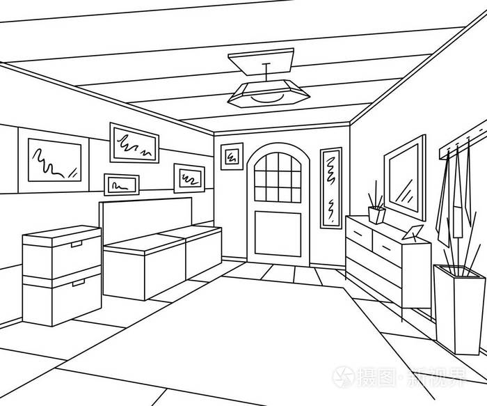 储物家具图片和板凳的入口走廊内部素描风格复古手绘矢量图