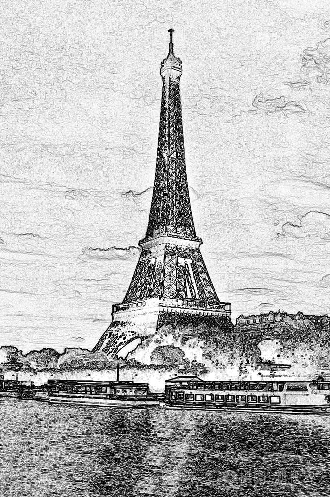 埃菲尔铁塔在塞纳河黑白绘图