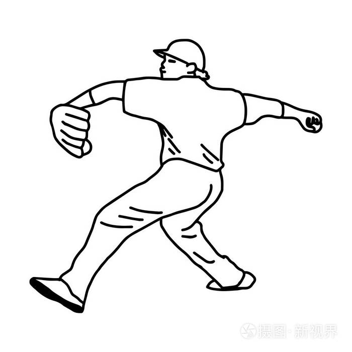 棒球投手投球球-矢量图草图手绘与孤立的白色背景上的黑色线条插画