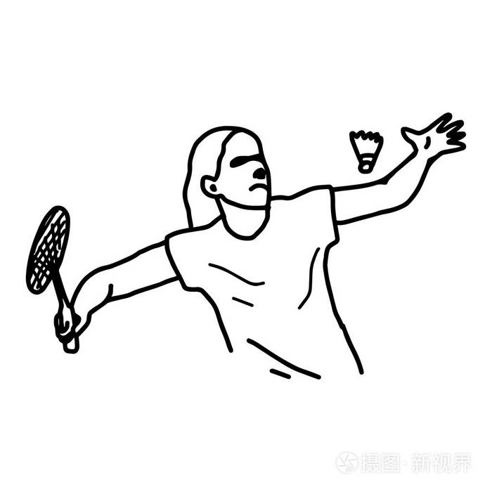 羽毛球运动员矢量图草图手绘与孤立的白色背景上的黑色线条