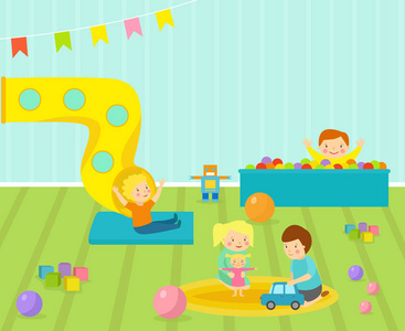 家具装饰操场和地板地毯装饰平面样式卡通舒适室内矢量图上的玩具插画