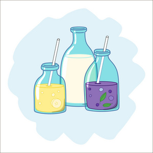 三个玻璃瓶与蓝莓和香蕉奶昔和酸奶,卡通风格绘制的照片