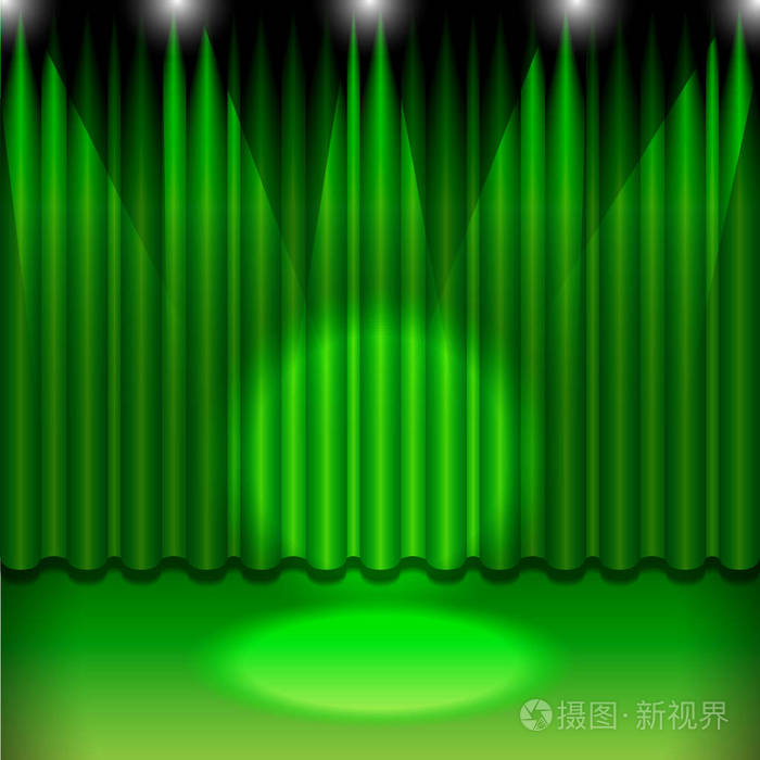 与一个绿色窗帘和聚光灯的剧院舞台矢量