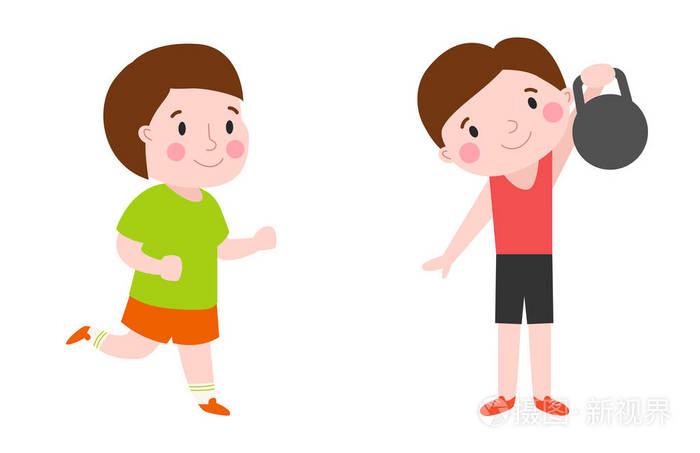 竞技体育与运行运动能量矢量插画的年轻孩子锻炼健身房训练卡通男孩