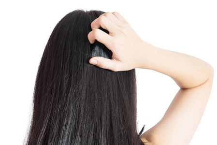 在白色背景上分离出一个女人抓她的头.白色背景上剪切路径照片