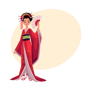 卡通扇日本艺伎和服拿扇,日本的象征照片