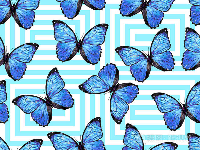 无缝的异国模式与蓝色的热带蝴蝶.无休止的纹理矢量背景.完美的壁纸, 