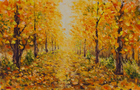 秋天的风景，美丽的公园在绘画。 金色的秋天。