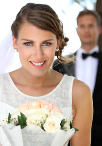 白种人 集中 复制 牙齿 新娘 发型 连衣裙 制作 微笑