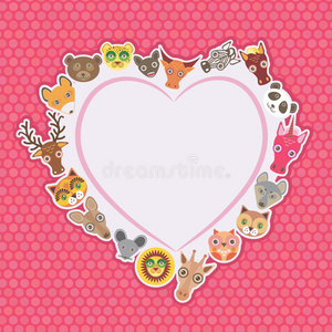 大象的心脏有趣的动物卡片模板. 粉红色圆点背景上的白色心脏.