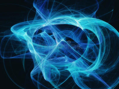 分形波矢蓝色蓝色分形曲线在黑色背景上烟雾波发光照片