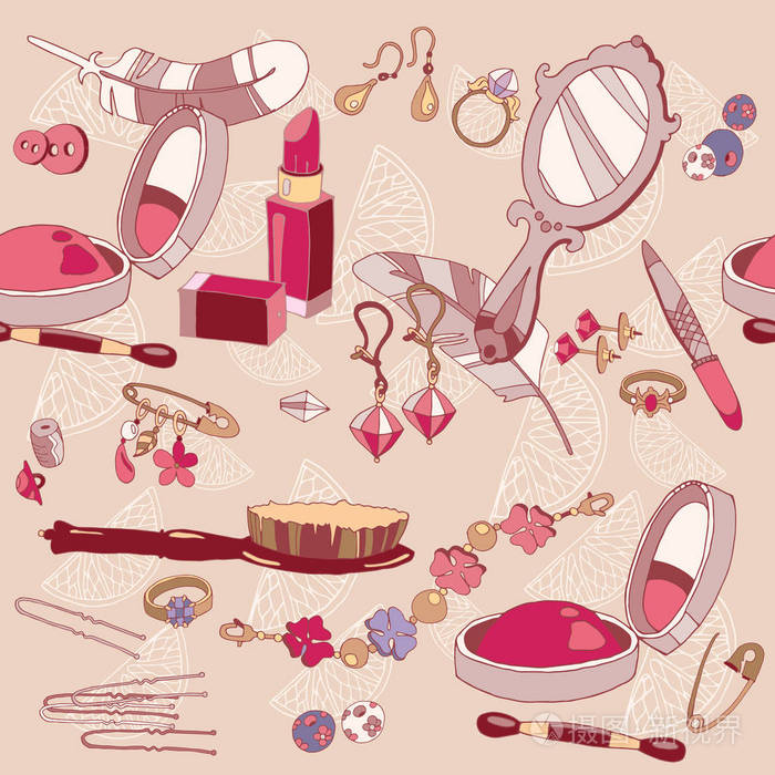 女人时尚配件无缝模式, 化妆品, 珠宝首饰插画-正版商用图片1rpgqo-摄