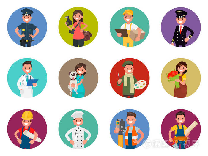 化身字符集的不同的职业: 警察, 摄影师, 快递, 飞行员, 医生和其他人