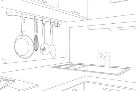 用的餐具概述 3d 素描插图的厨房的角落照片