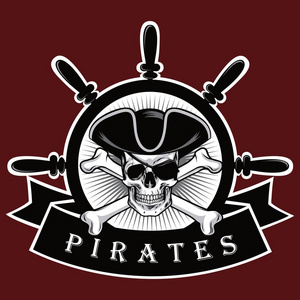 海盗骷髅与交叉的骨头帽子和眼罩红色背景标志设计矢量图照片