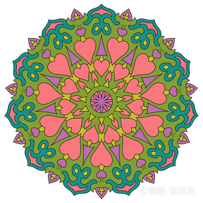 心的彩色的曼陀罗.圆的对称饰品