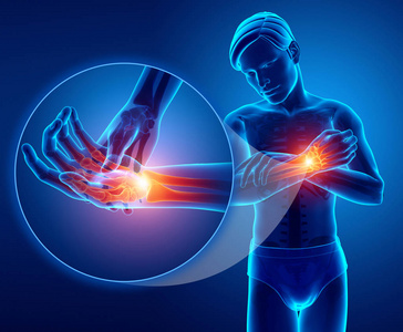 3d 插图的男人感觉手腕疼痛照片