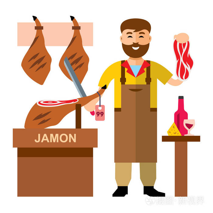 矢量jamon 肉店.平面样式色彩丰富的卡通插画