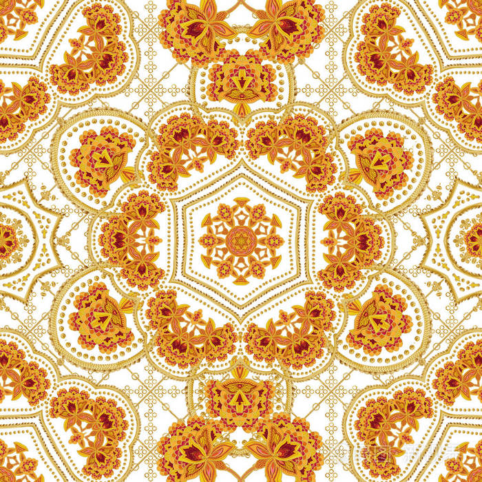 无缝模式纹理的金色卷发东方风格蔓藤花纹辉煌的花边程式化的花镂空