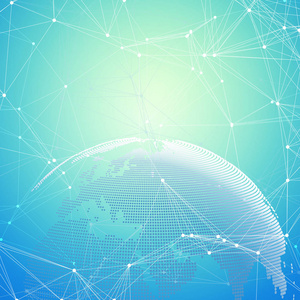 世界地球仪上蓝色.全球网络连接, 几何设计, 技术数字概念照片