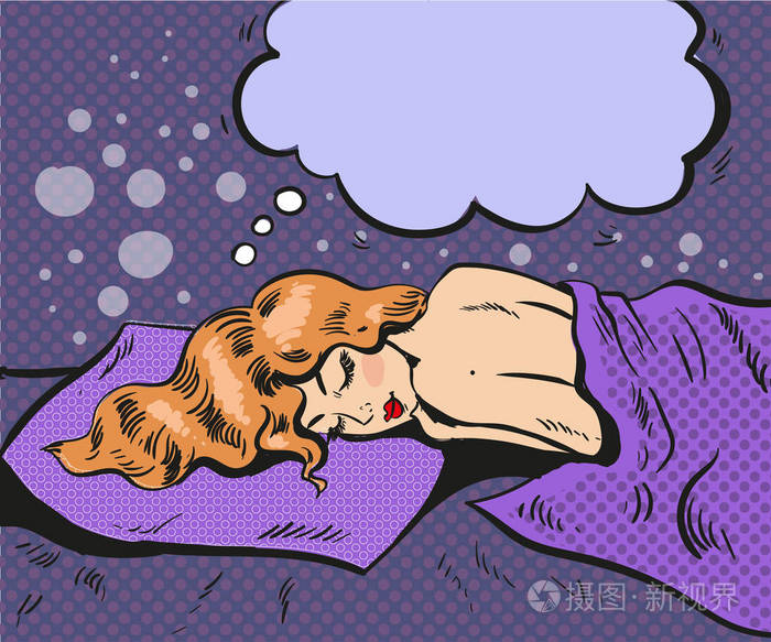波普艺术漫画女孩睡觉和做梦在床上讲话泡泡
