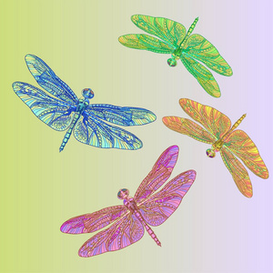 4 蜻蜓彩色翅膀飞行的昆虫,玻璃绘画野生的鸟兽等,飞行的蜻蜓,模式在