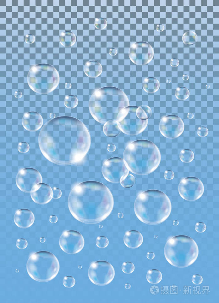 现实的矢量在蓝色背景上孤立的肥皂泡泡