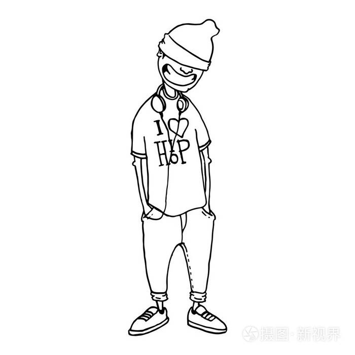 中的嘻哈风格的字符.很酷的微笑说唱歌手.这一概念的街头风格.素描