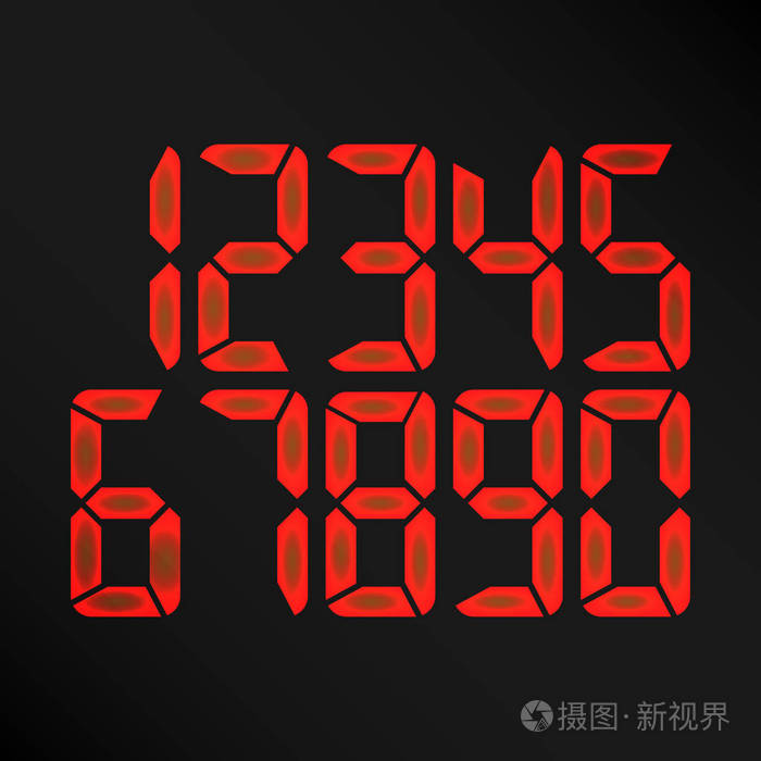 数字发光数字矢量在黑色背景上的红色数字etro时钟计数液晶显示和电子