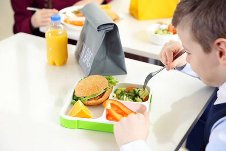 食堂饭小男孩在自助餐厅的饭盒里吃美味的自制食物照片