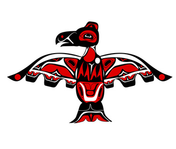 巨嘴鸟的图腾首位的雷鸟图腾柱幻想花园里可爱的鸟. 动物. 手绘涂鸦.