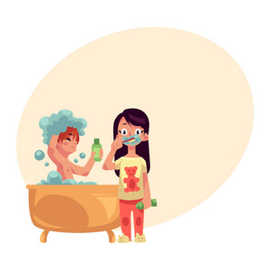 男孩女孩刷牙男孩以睡衣刷牙洗澡,洗头发,女孩照片