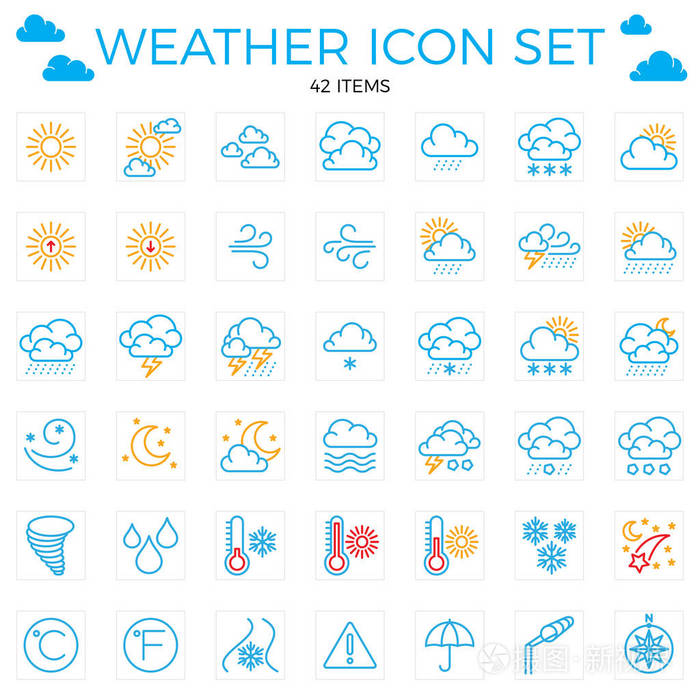 天气图标集。线 icons.42 项目。云，雨，太阳伞